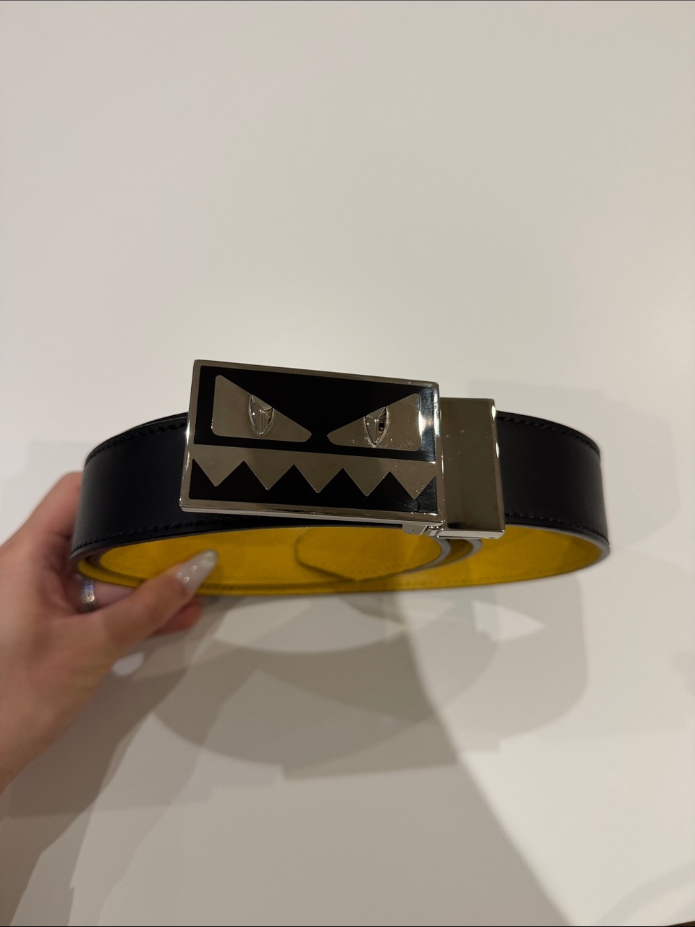 authentic Fendi Black Men’s Reversible Leather Belt with Silver Monster Buckle